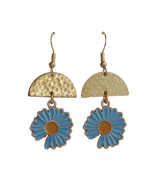 Asymmetrical Blue Flower Drop Earrings-E43