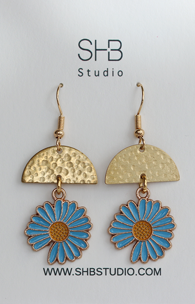 Asymmetrical Blue Flower Drop Earrings-E43