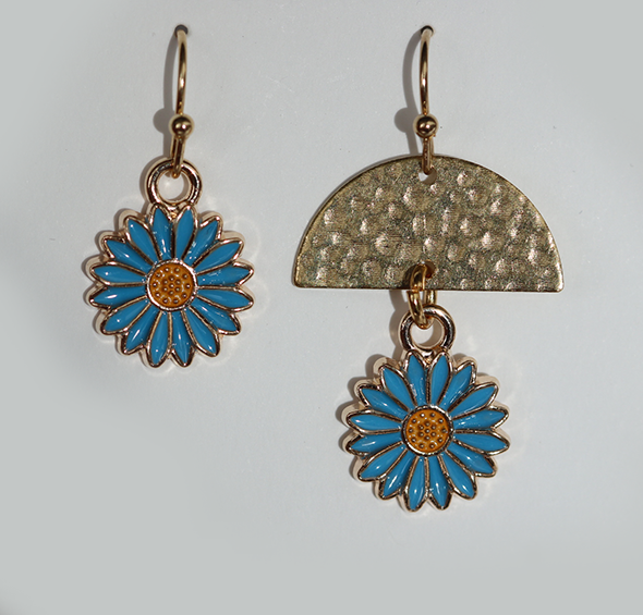 Asymmetrical Blue Flower Drop Earrings-E39