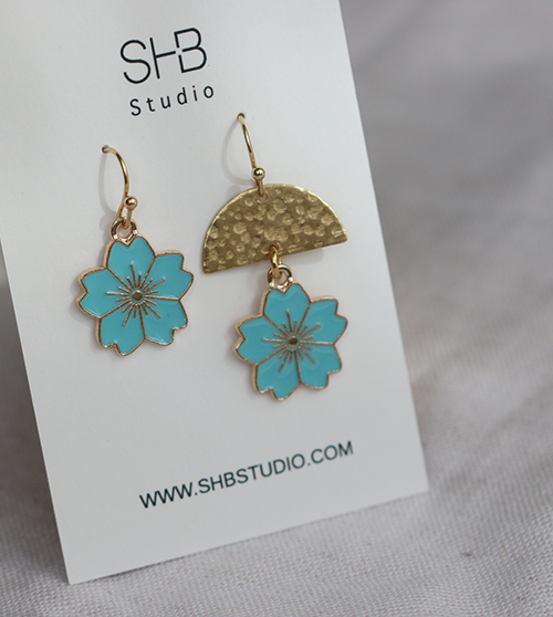 Asymmetrical Blue Flower Drop Earrings-E41