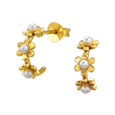 Gold Plated Sterling Silver Floral Half Hoop Earrings with Pearls – Elegant Jewellery