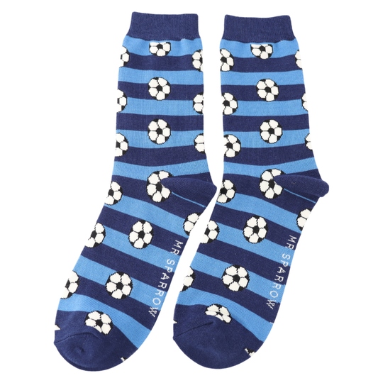 Mr Sparrow Men’s Striped Bamboo Socks – Footballs & Stripes Navy
