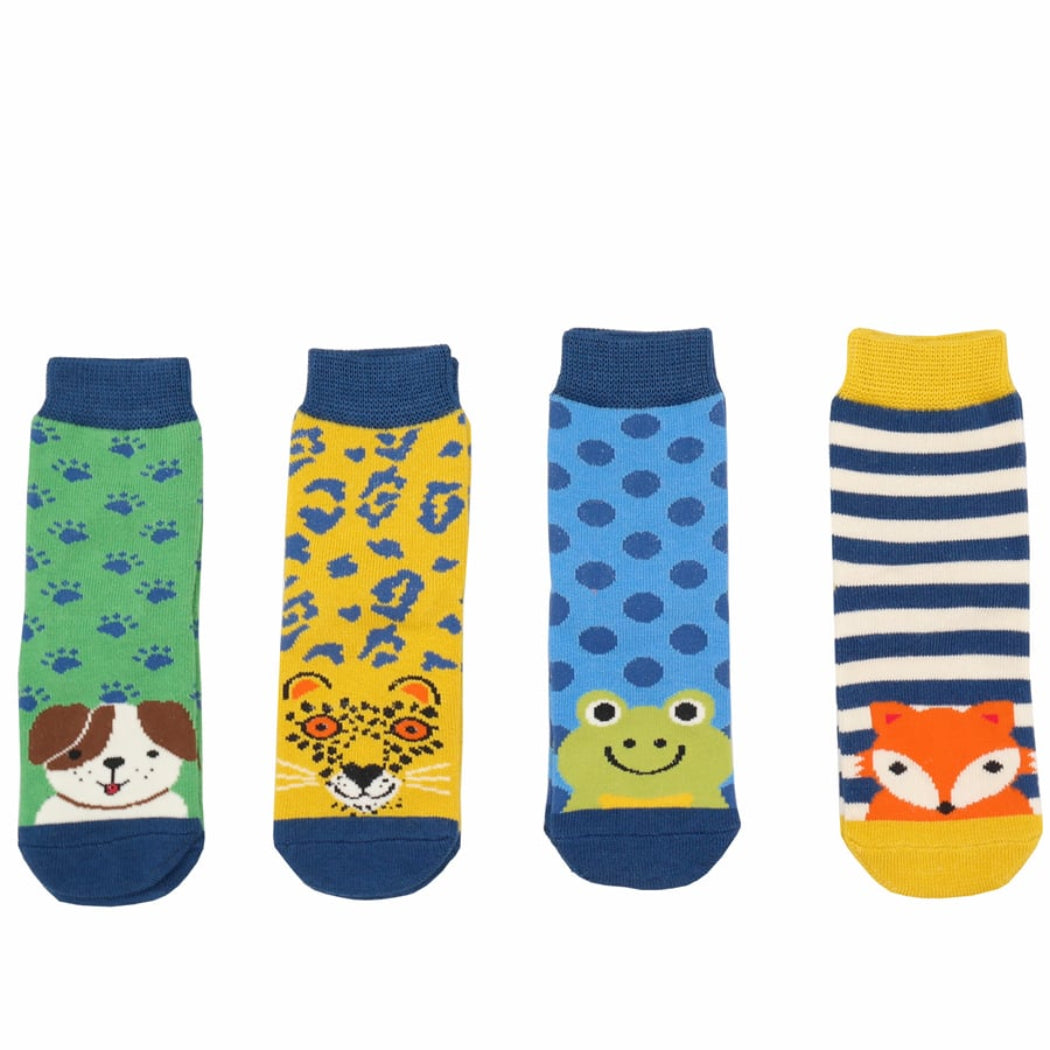 Set of four children's socks with animal prints on a white background