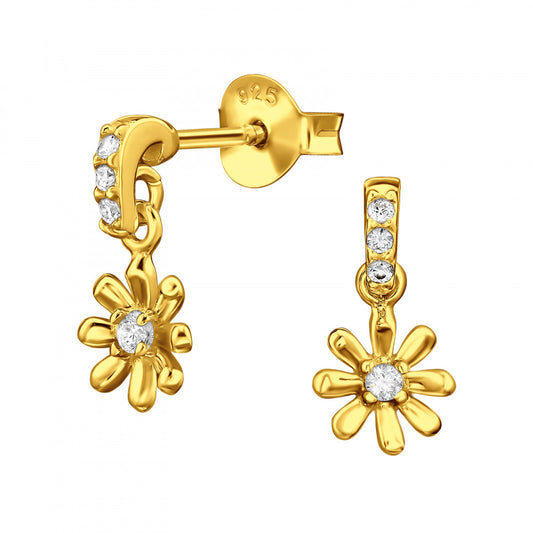 Gold Dangling Flower Earrings – 925 Sterling Silver with Cubic Zirconia