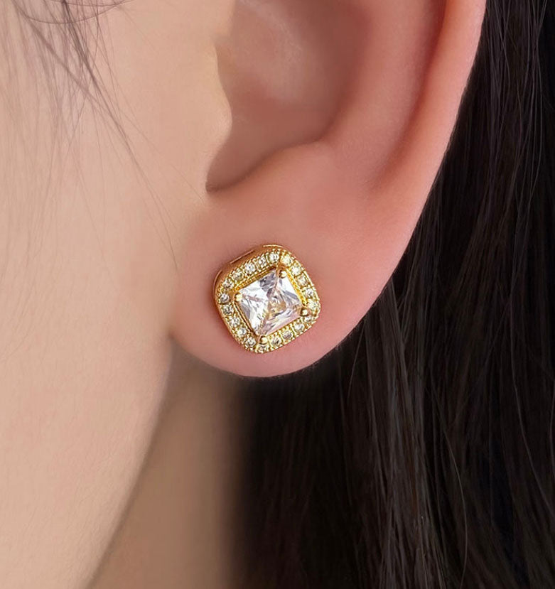 18K Gold - Silver Plated Square CZ Stud Earrings – 3A Cubic Zirconia Brass Earrings