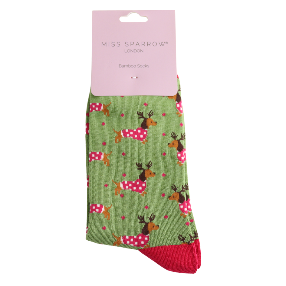 Miss Sparrow Sausage Dog Christmas Bamboo Socks – Green &amp; Red