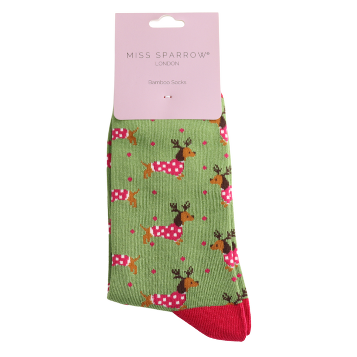 Miss Sparrow Sausage Dog Christmas Bamboo Socks – Green &amp; Red