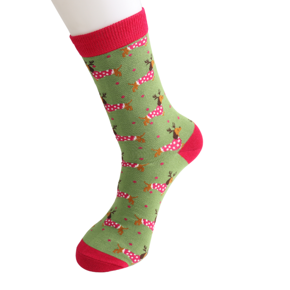 Miss Sparrow Sausage Dog Christmas Bamboo Socks – Green & Red