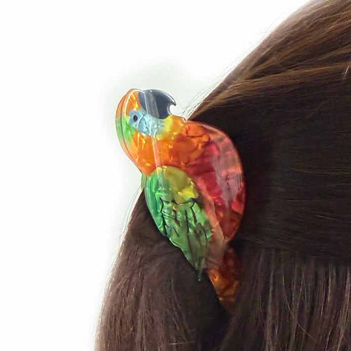 Colorfull  red parrot hair clip in a person&