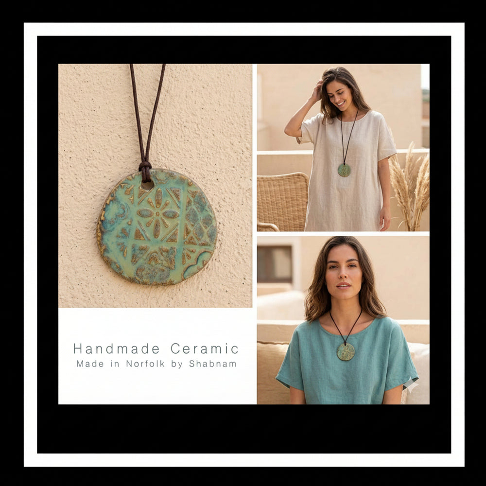 Handmade ceramic pendant with a woman wearing it in various settings.