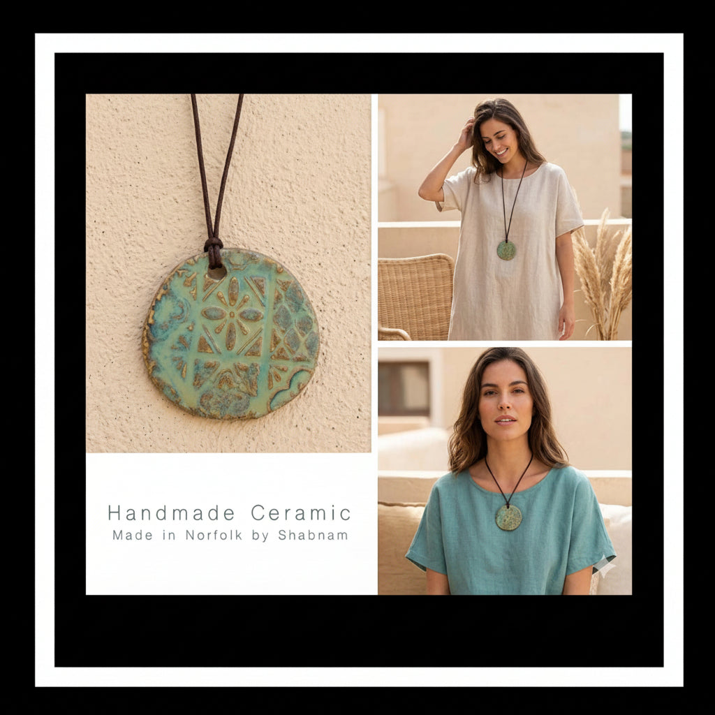 Handmade ceramic pendant with a woman wearing it in various settings.