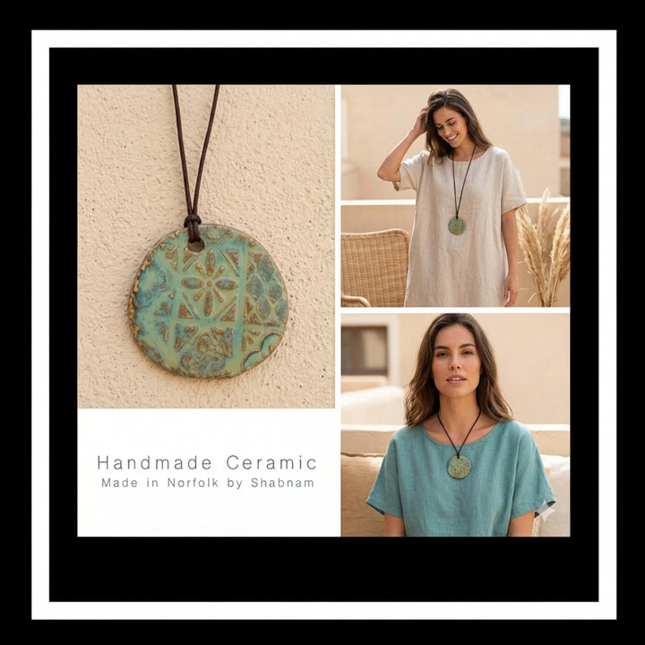 Handmade ceramic pendant with a woman wearing it in various settings.