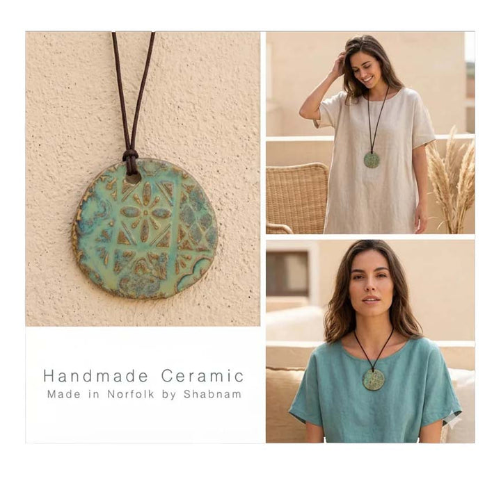 Bohemian Ceramic Mandala Necklace – Sage Glaze on Leather