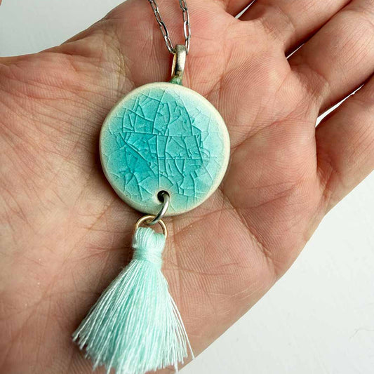 Handmade Ceramic Necklace — Turquoise Pendant with Tassel | SHB Studio