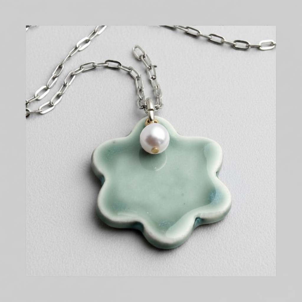 Handmade Ceramic Daisy Necklace with Pearl Pendant