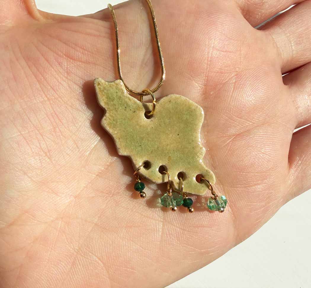 light green ran map necklace handmade by ceramic gold colour chain