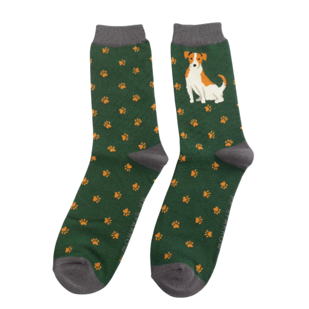 Mr Sparrow Men’s Bamboo Socks green with Cute Jack Russells Green design and orange pows around it.