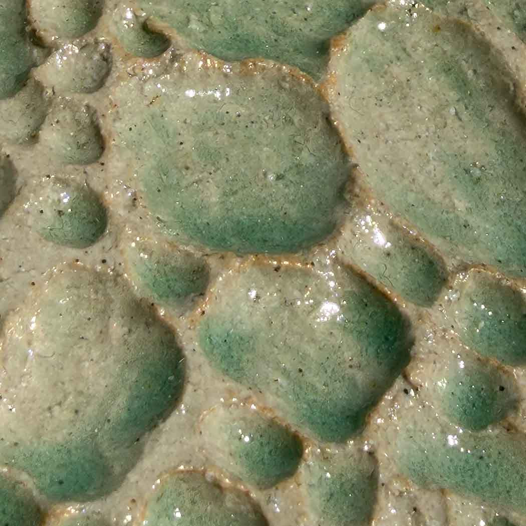 Close-up of textured green ceramic surface with raised patterns