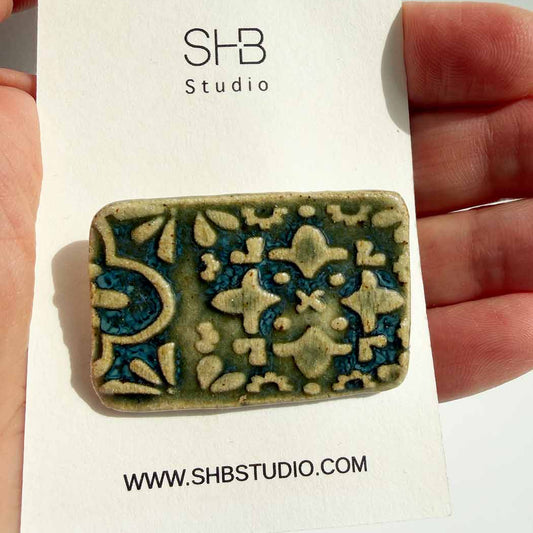 Handmade Brooch — Persian Tile | Sage & Teal Ceramic | SHB Studio