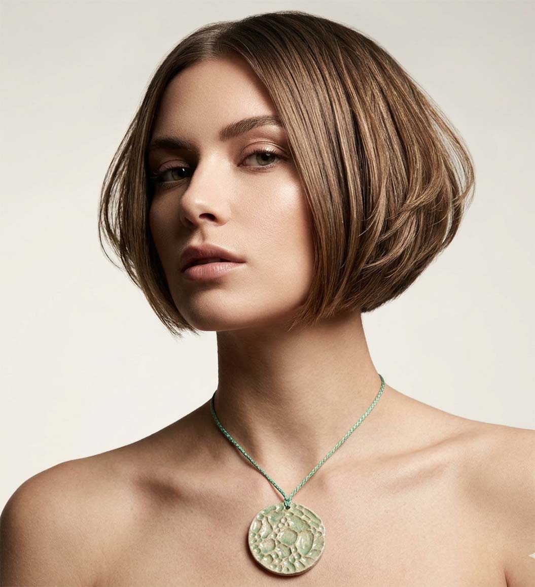 Woman with a short haircut wearing a ceramic disc necklace on a neutral background