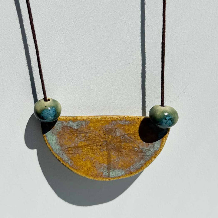 Handmade Ceramic Gold Lustre Dragonfly Necklace —  | Leather Cord | SHB Studio
