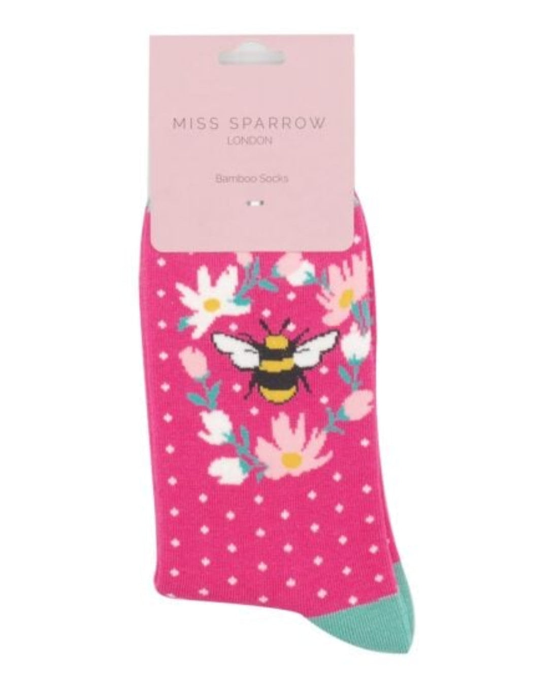 Pink sock with floral and bee design on a white background