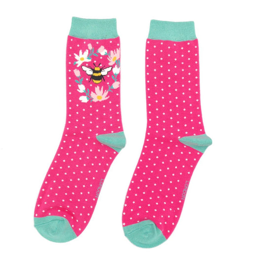 Dark hot pin bamboo socks with dot pattern and bee surround with flovers.