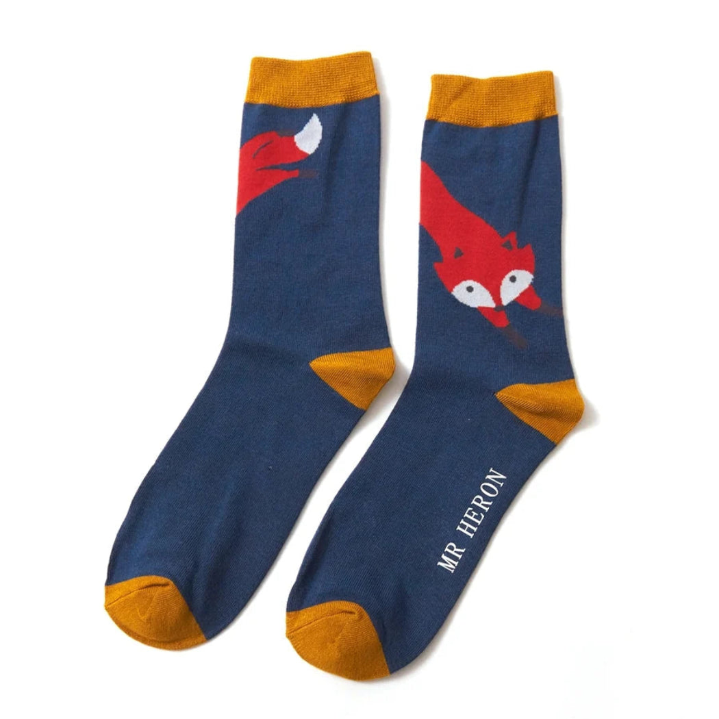 navy blue socks with image of big fox