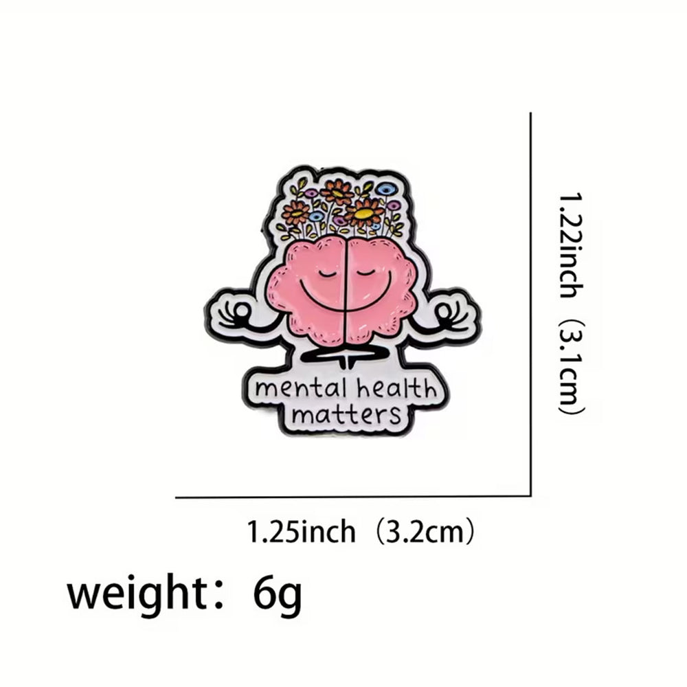 Cartoon brain character with floral crown and 'mental health matters' text, dimensions, and weight information on a white background.