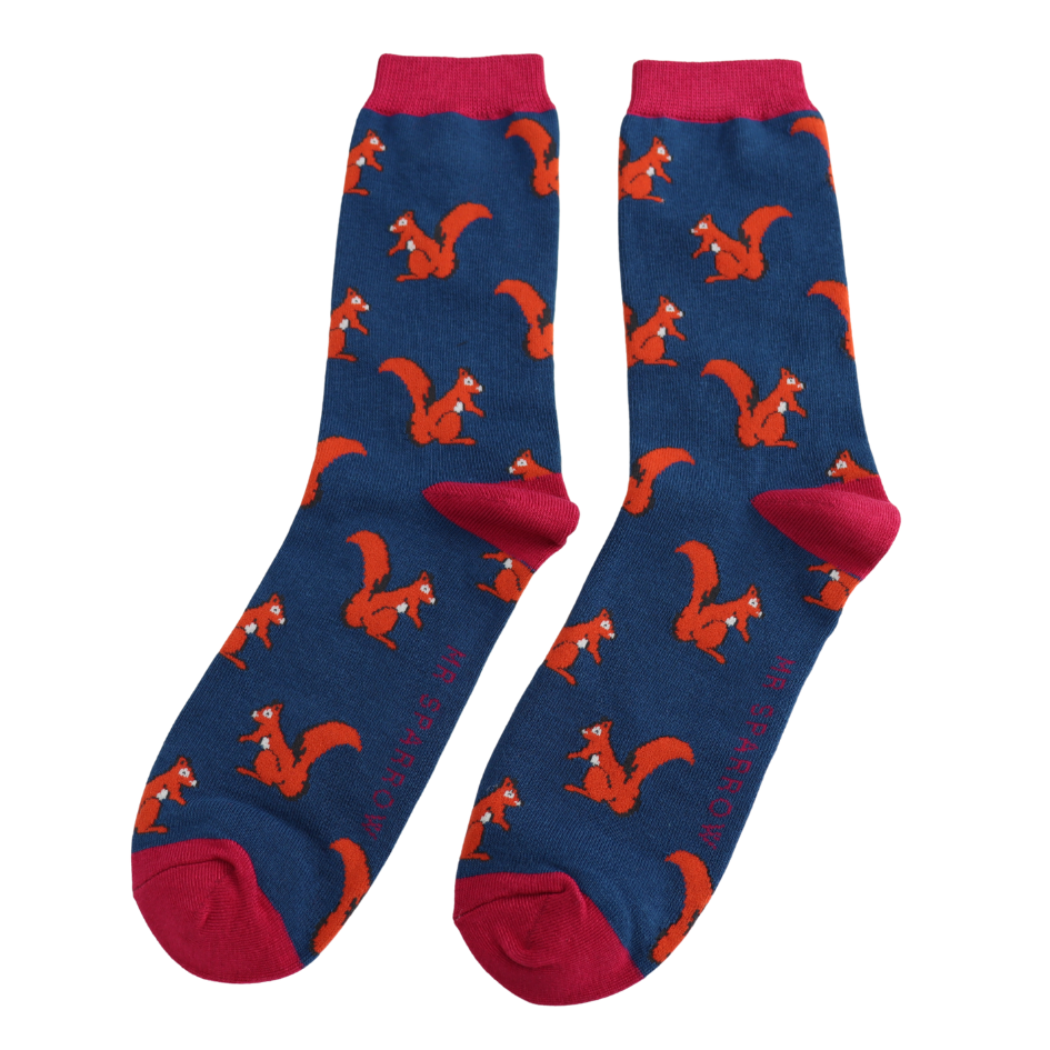 navy blue men bamboo socks with orange squirrels