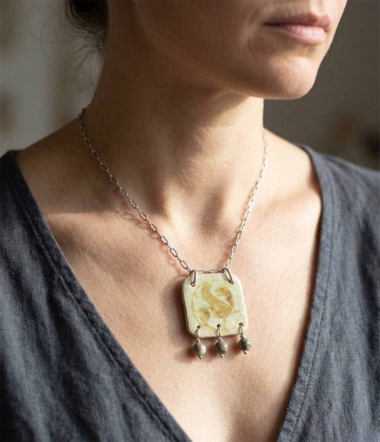Handmade Ceramic Simorgh Necklace — Persian Mythology Pendant with Turquoise green beads | SHB Studio