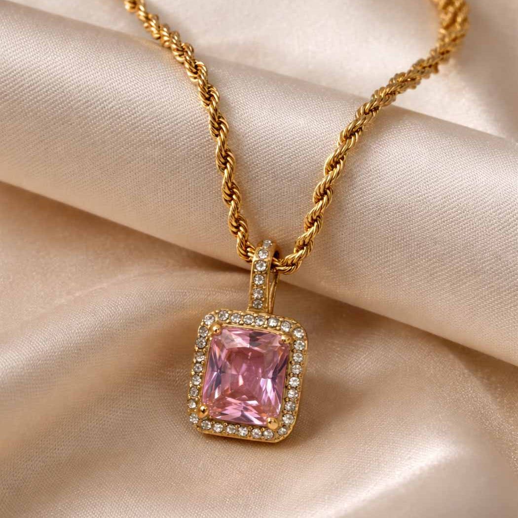 Pink Zircon Square Necklace | 18K Gold PVD Stainless Steel | Tarnish Free