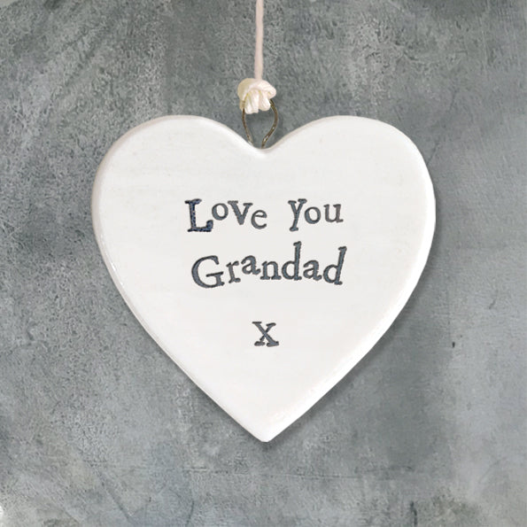Love You Grandad porcelain hanging heart decoration with handwritten style text