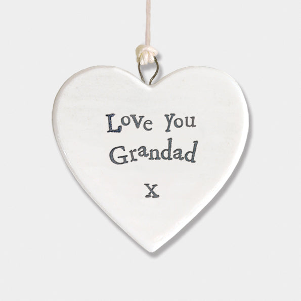 Heart-shaped hanging ornament with 'Love You Grandad X' text on a white background