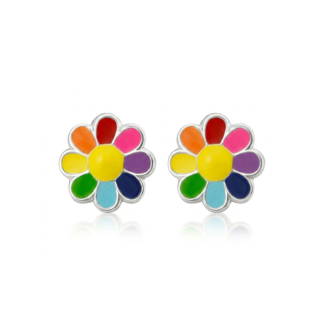 Colorful flower-shaped earrings on a white background