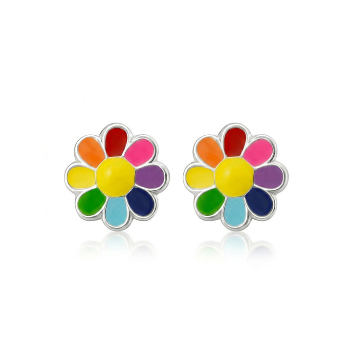 Colorful flower-shaped earrings on a white background