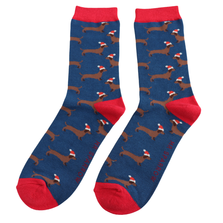 Mr Sparrow Bamboo Socks – Christmas Santa Dog in Navy