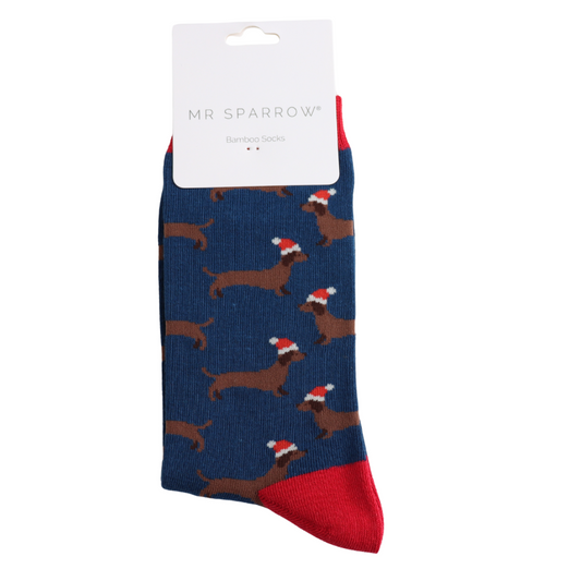 Mr Sparrow Bamboo Socks – Christmas Santa Dog in Navy