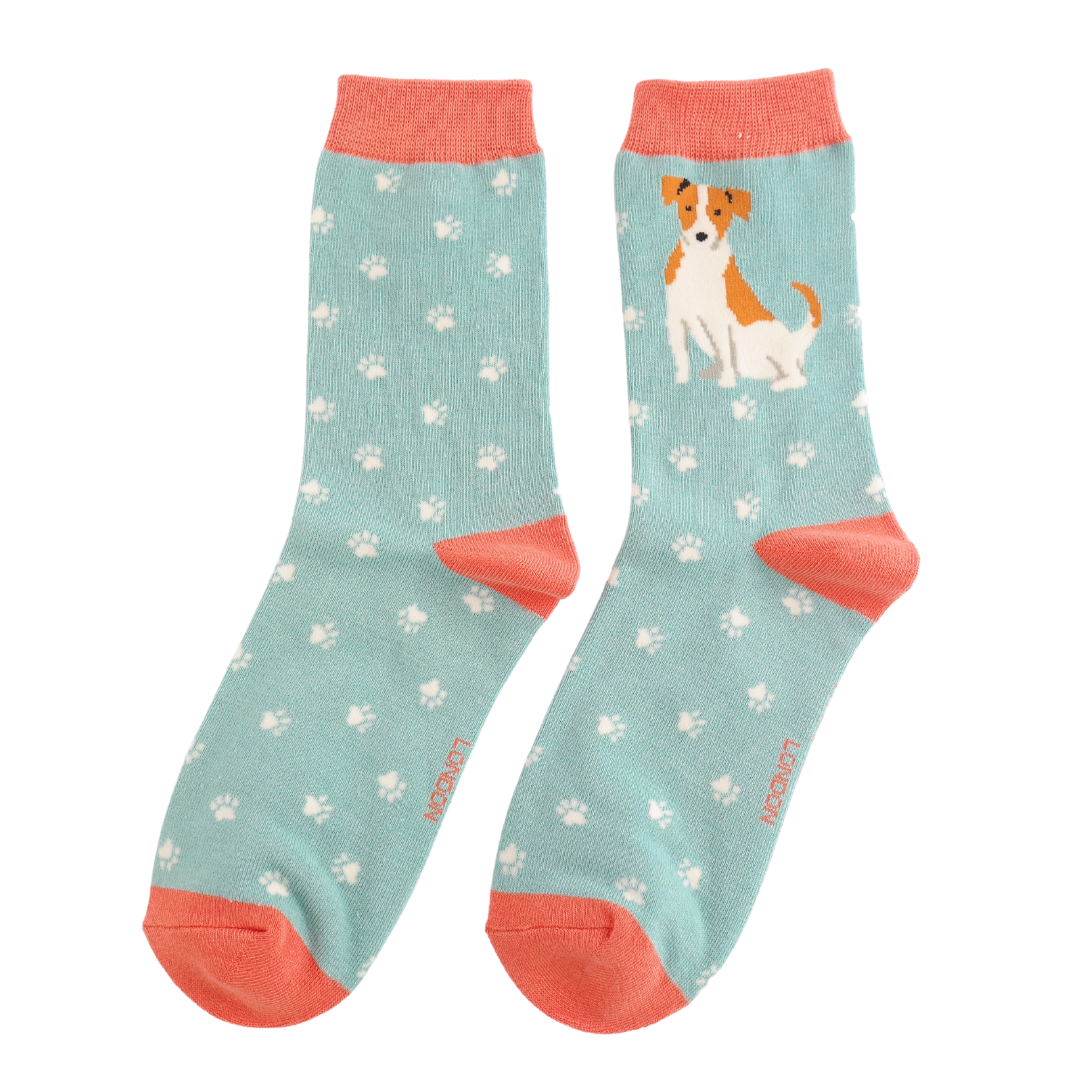 Miss Sparrow Jack Russell Dog Bamboo Socks – Duck Egg Blue