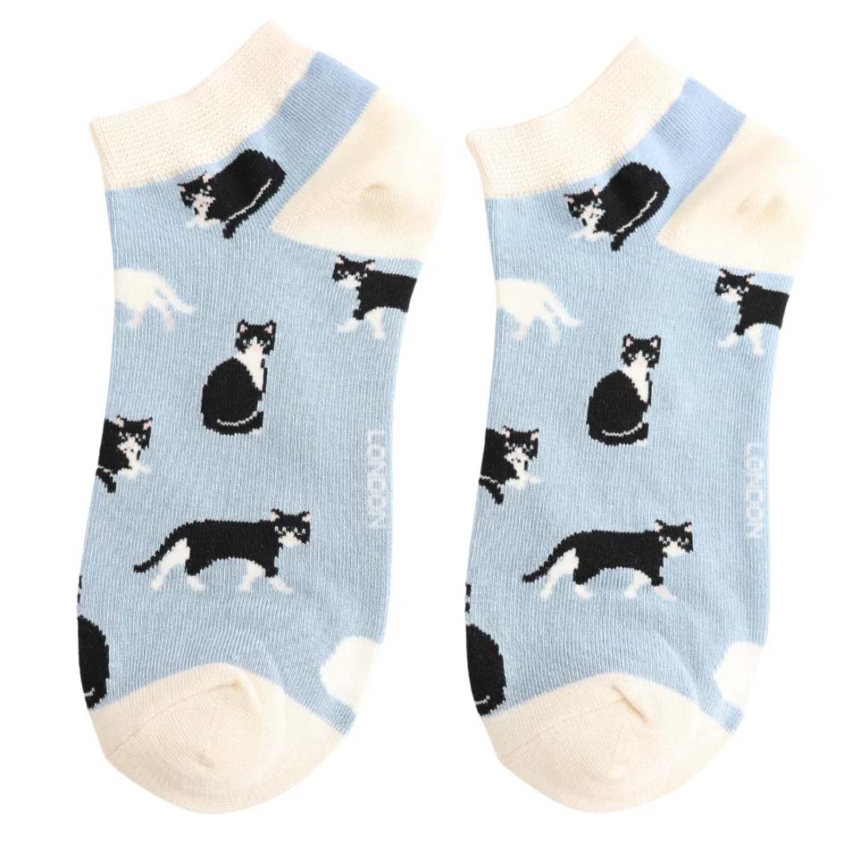 black and white cat  on baby blue socks