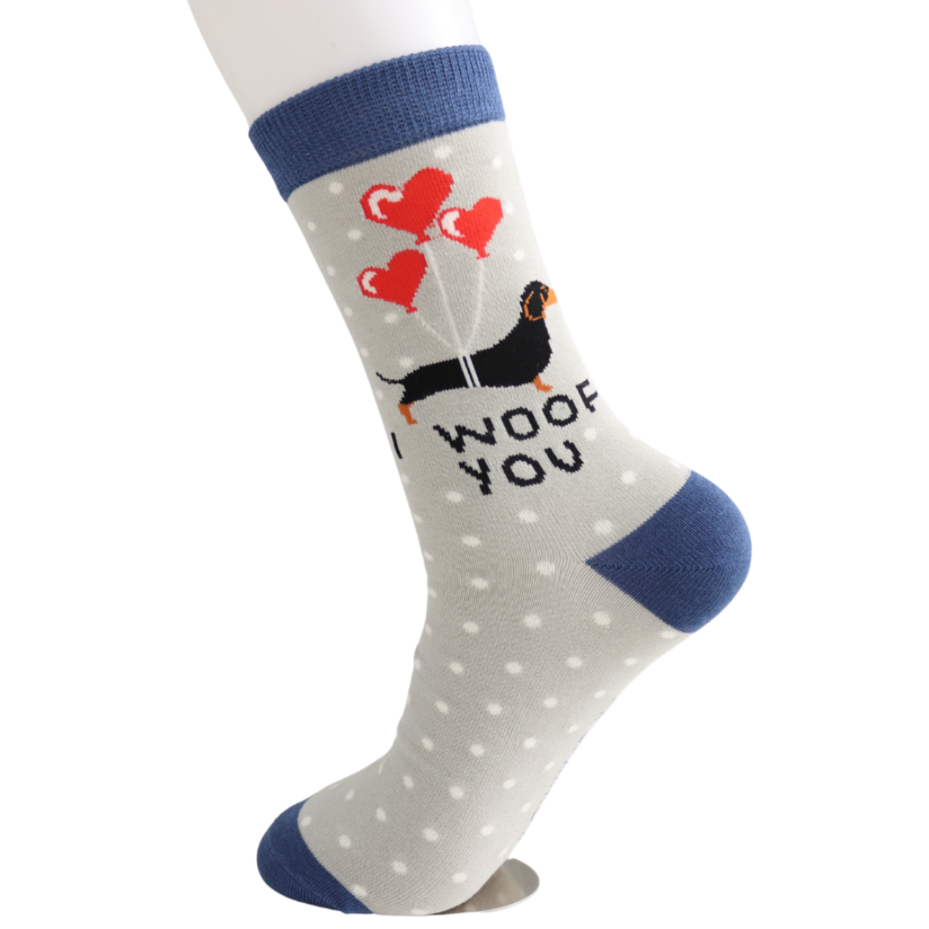 Mr Sparrow bamboo socks in grey with dachshund dog and heart balloon design — I Woof You eco-friendly novelty socks-1