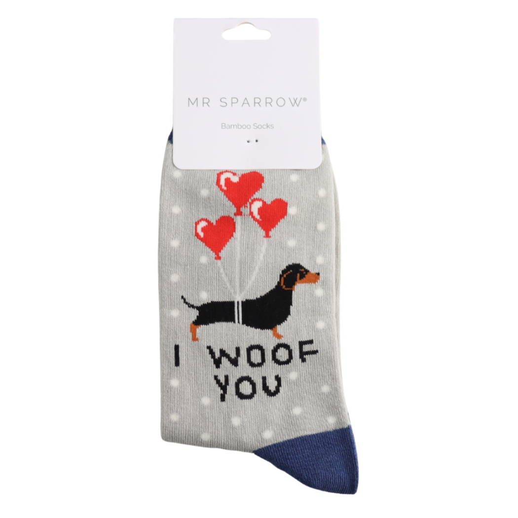 Mr Sparrow bamboo socks in grey with dachshund dog and heart balloon design -I Woof You eco-friendly novelty socks