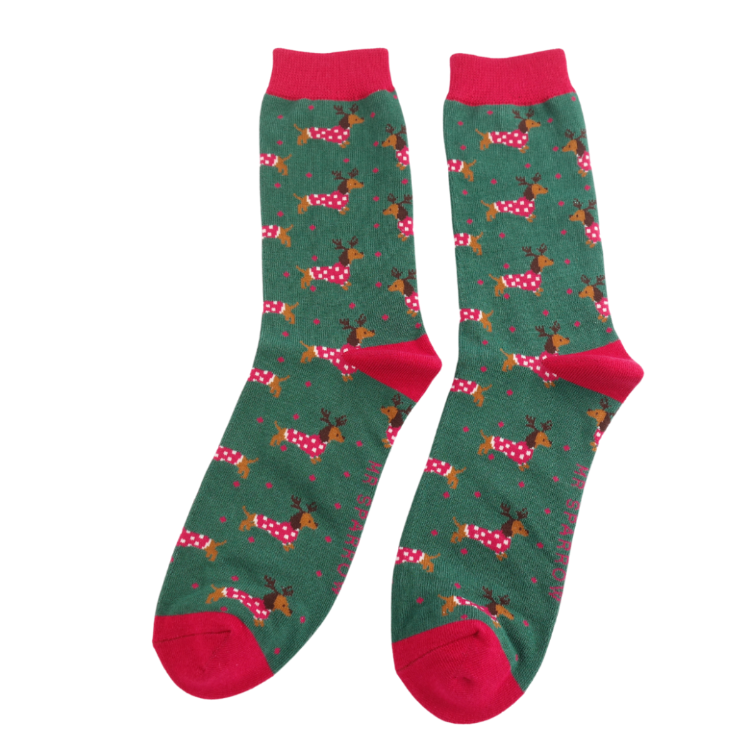 Green Christmas bamboo socks with sausage dog in red jumper – Mr Sparrow