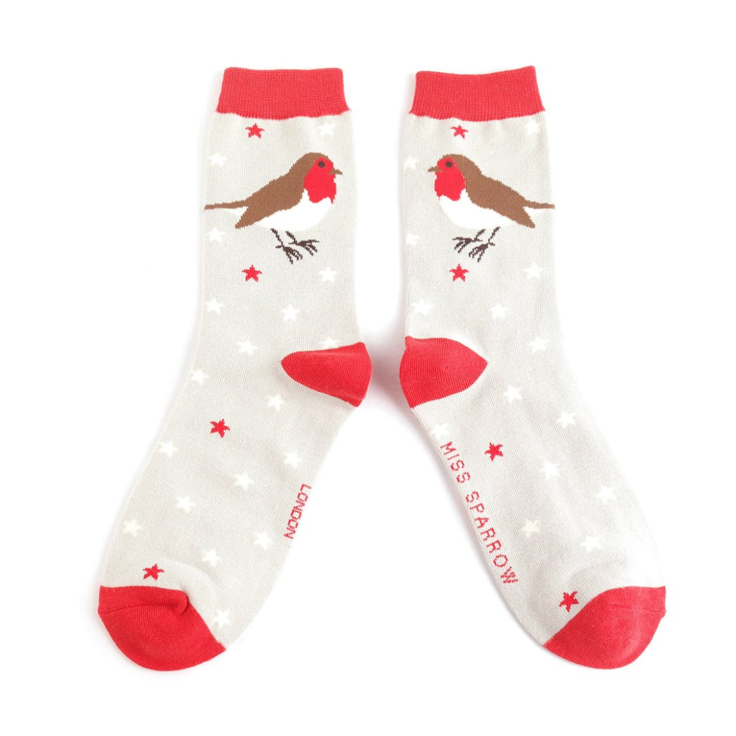 grey bamboo socks with red robin – Miss Sparrow 