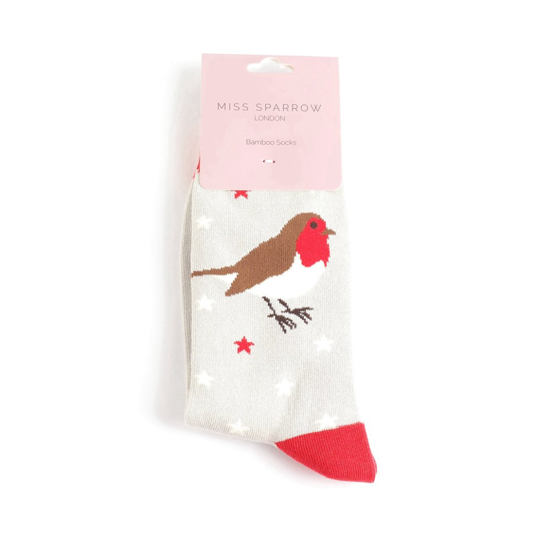 grey bamboo socks with red robin and star design – Miss Sparrow label.