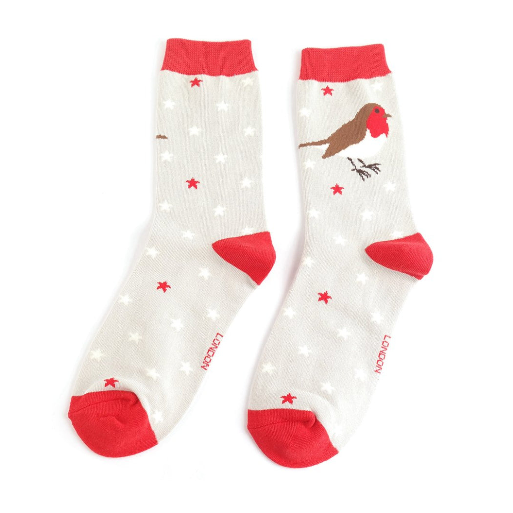 grey bamboo socks with red robin and star design – Miss Sparrow.