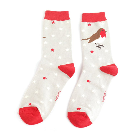 grey bamboo socks with red robin and star design – Miss Sparrow.