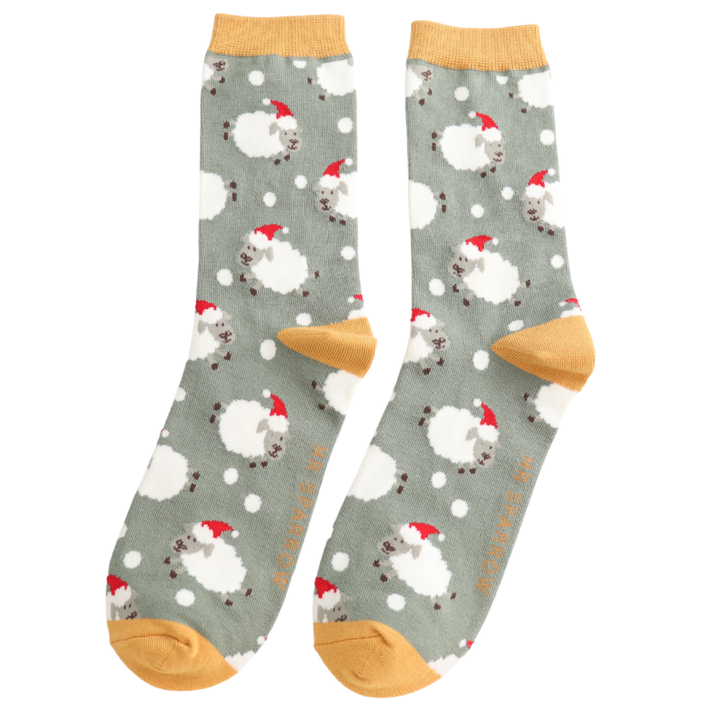 Mr Sparrow Men’s socks sheep wearing red santa hat.