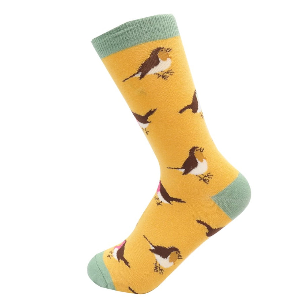 yellow bamboo socks with robin bird.