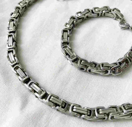 Men’s Stainless Steel Byzantine Chain Set – Necklace & Bracelet